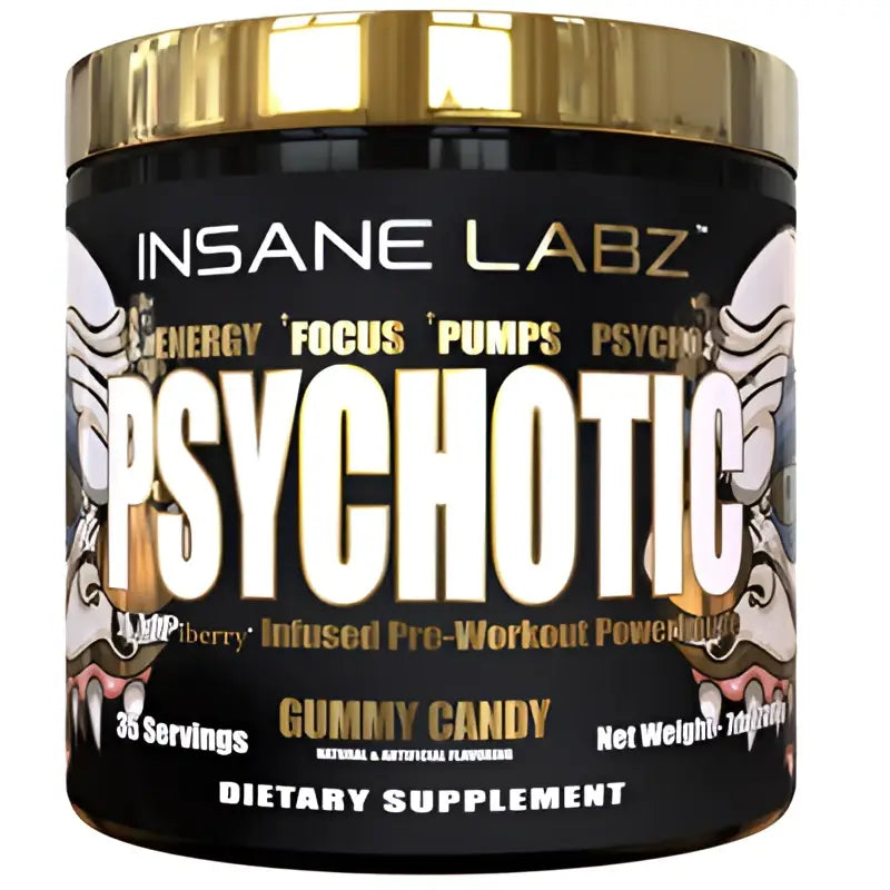 Envase negro con tapa y etiqueta dorada del suplemento psychotic gold de insane labz pre entreno sabor gomita frutas rojas