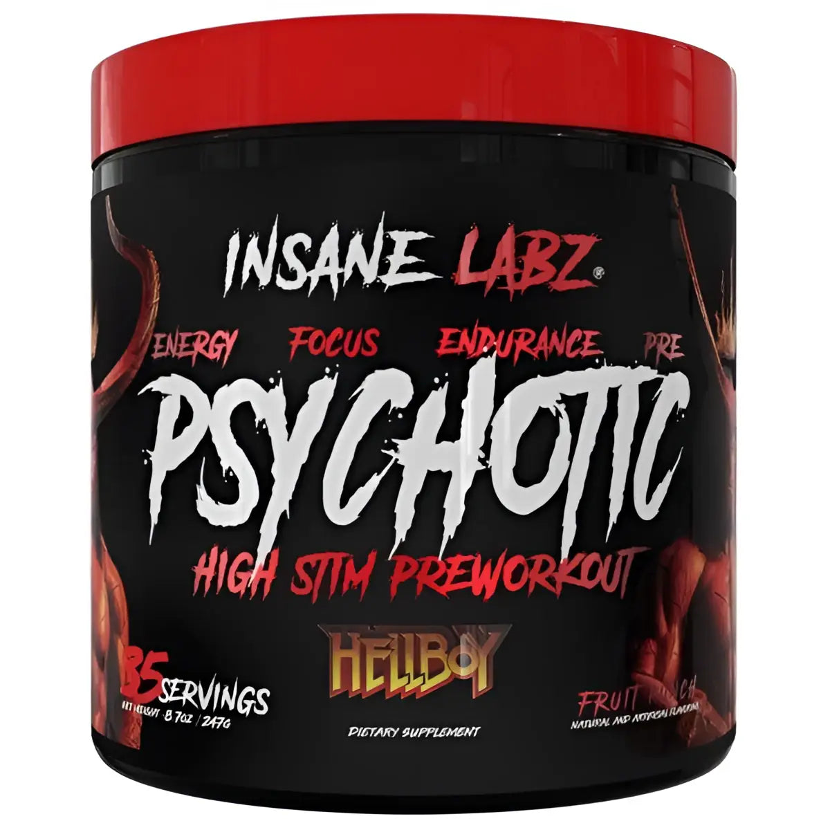 Envase negro con tapa roja de insane labz psychotic hellboy pre entreno con logo hellboy y diseño en blanco y rojo