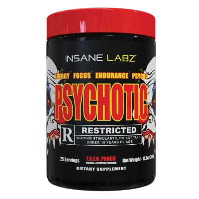 Envase de Insane Labz Psychotic R pre entreno 25 servicios