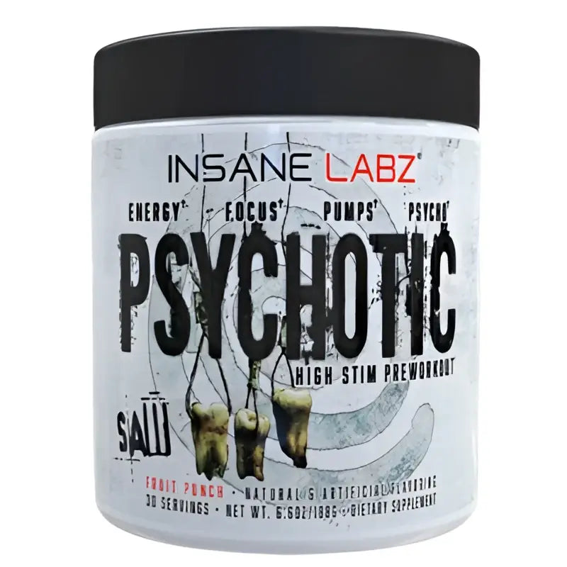 Insane labz psychotic saw pre entreno en polvo sabor fruit punch en envase blanco con tapa negra para pre workout