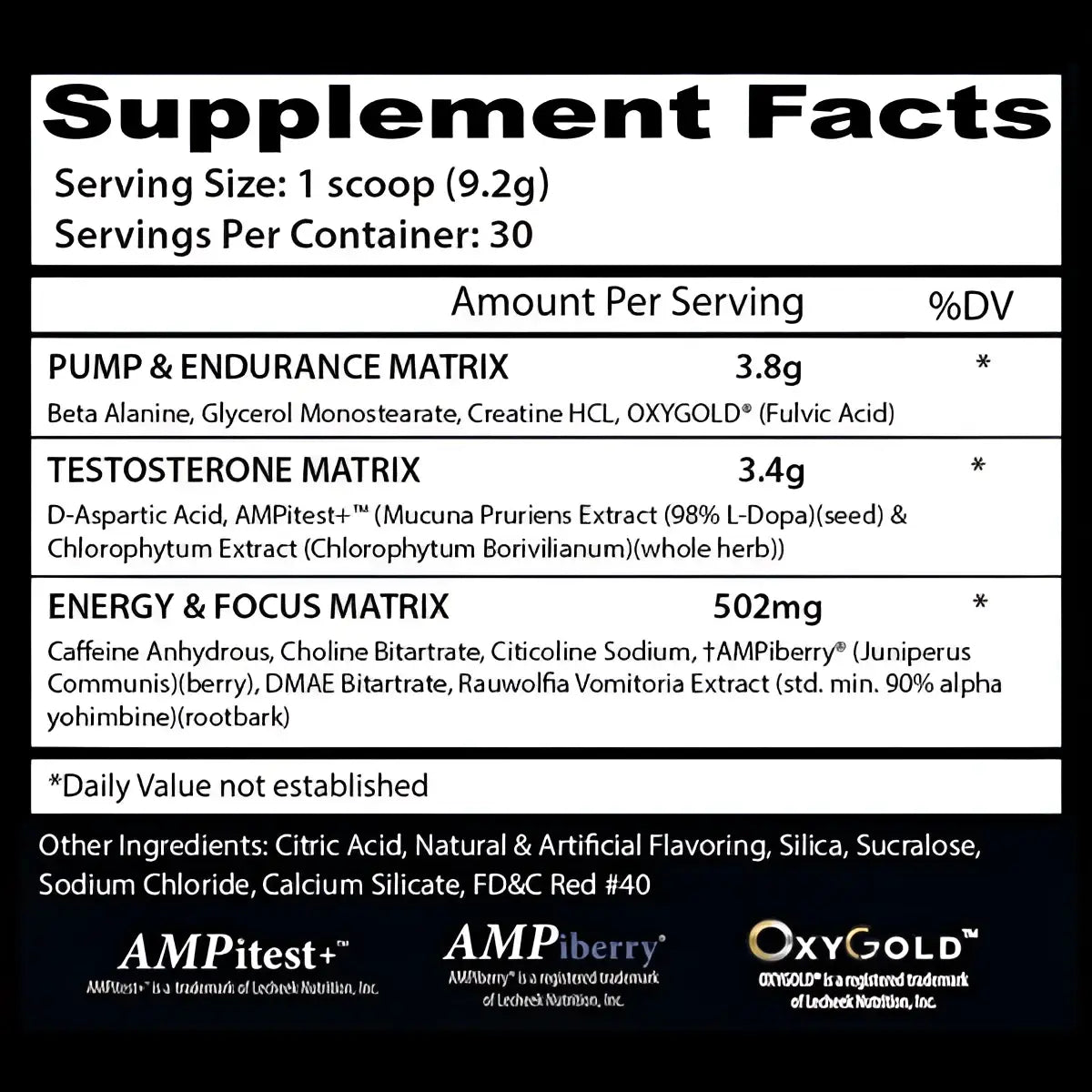 Etiqueta trasera negra del suplemento pre entreno psychotic test de insane labz con ingredientes beta alanina y d-aspartic acid