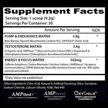 Etiqueta trasera negra del suplemento pre entreno psychotic test de insane labz con ingredientes beta alanina y d-aspartic acid