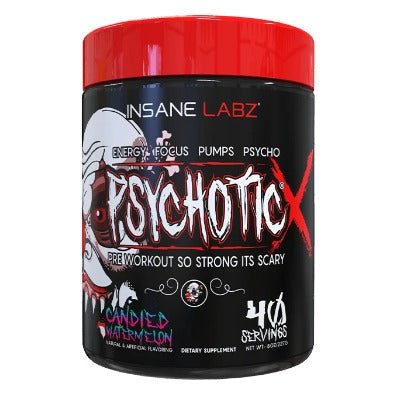Envase de Psychotic X de Insane Labz, pre entreno de 40 servicios