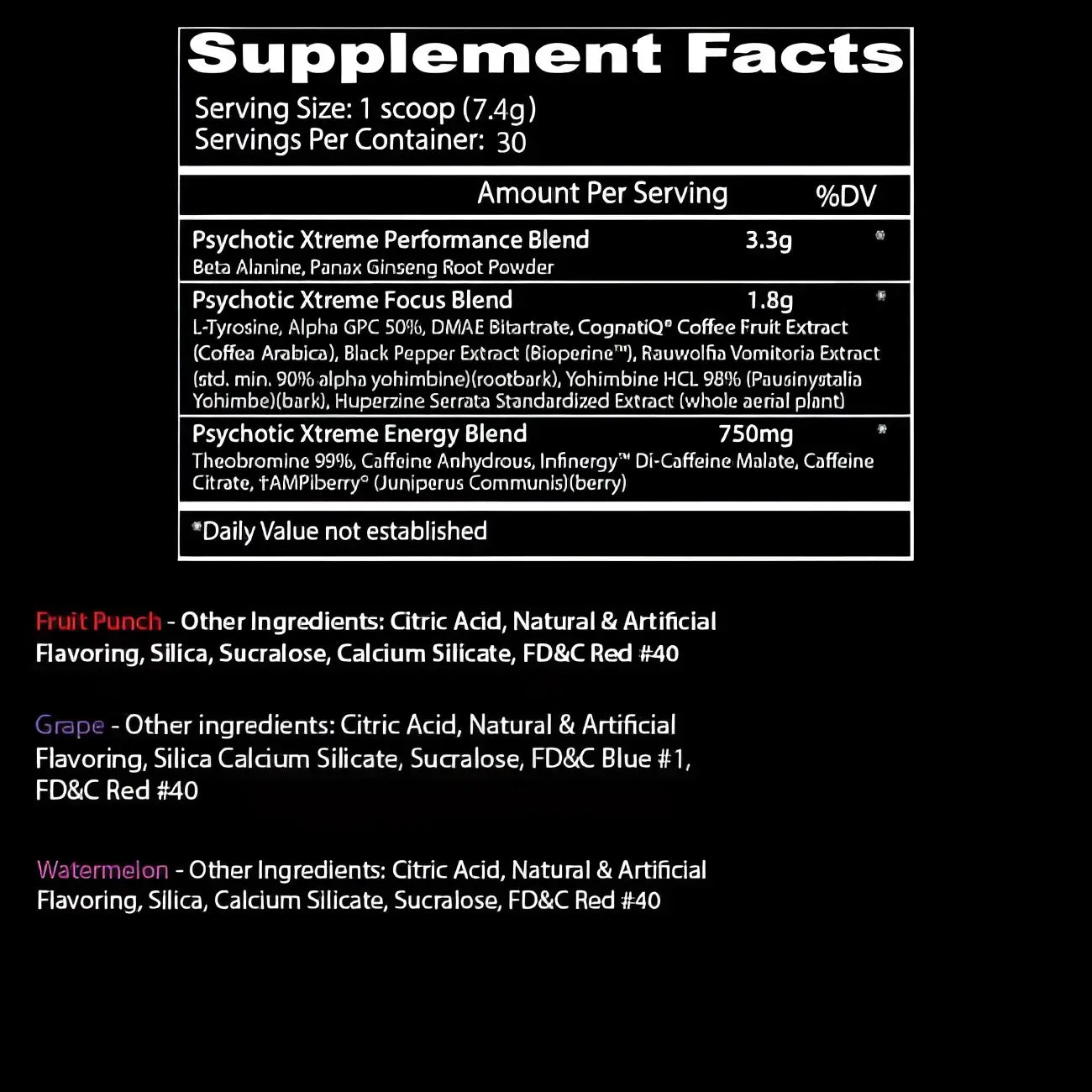Etiqueta trasera del suplemento insane labz psychotic xtreme con ingredientes y dosis en fondo negro y texto blanco