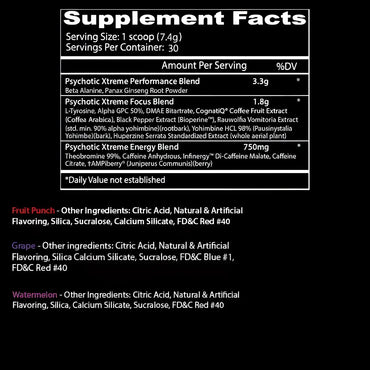 Etiqueta trasera del suplemento insane labz psychotic xtreme con ingredientes y dosis en fondo negro y texto blanco