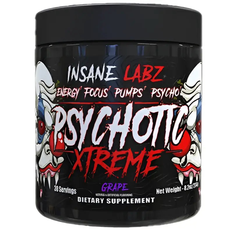 Envase negro cilíndrico con tapa negra y texto rojo y blanco psychotic xtreme de insane labz para pre entreno