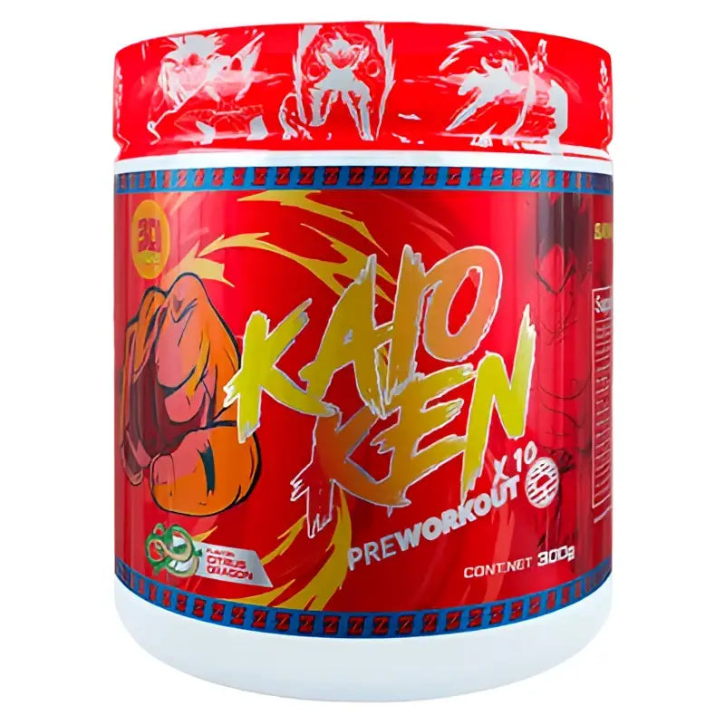 Contenedor rojo y blanco de kaioken x10 pre entreno con diseño fuego para 30 servicios de pre workout