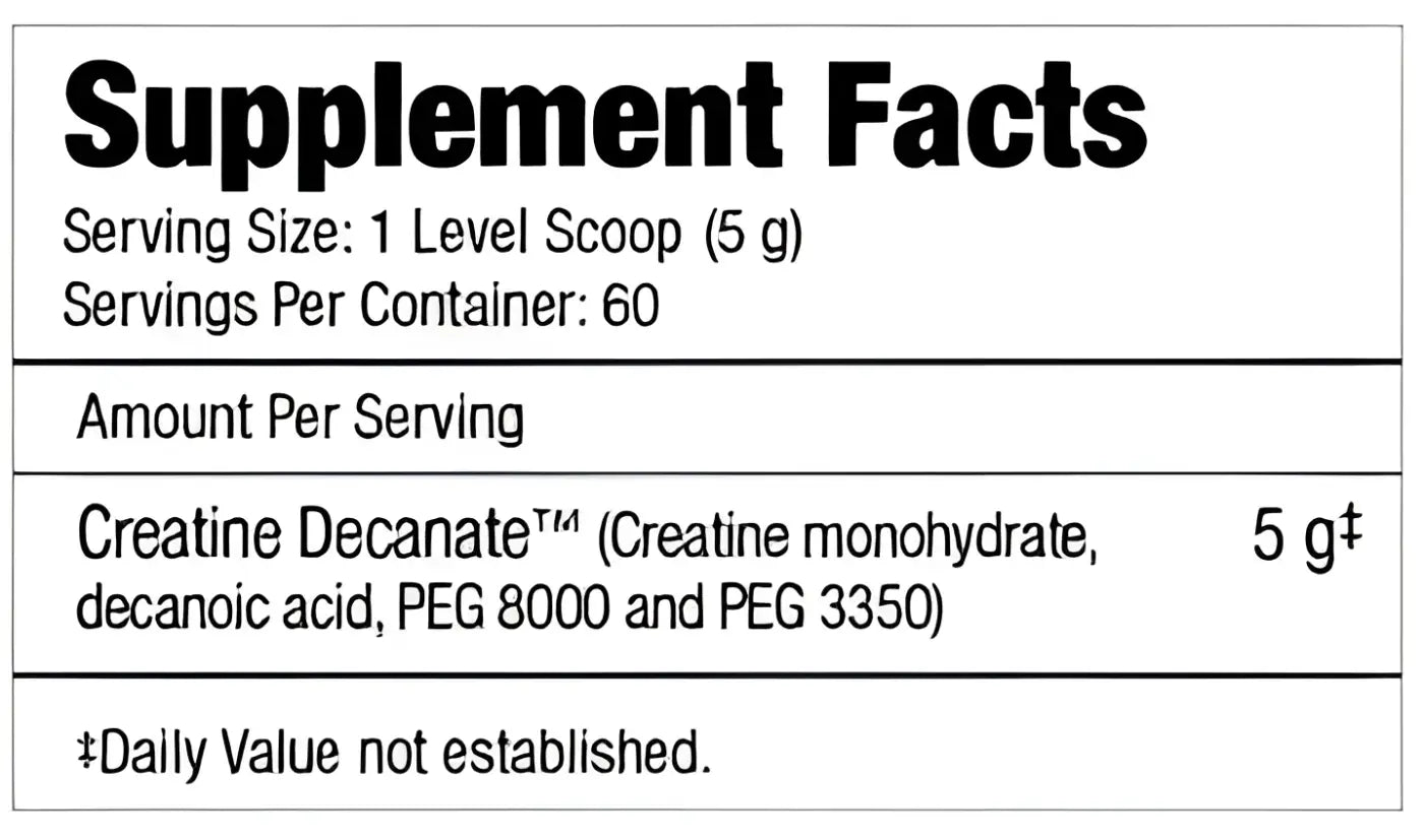 Etiqueta de suplementos en el reverso de muscle meds creatine decanate con creatina micronizada y tamaño de porción detallado