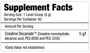 Etiqueta de suplementos en el reverso de muscle meds creatine decanate con creatina micronizada y tamaño de porción detallado