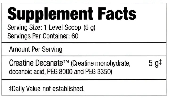 Etiqueta nutricional detallada en el reverso de Muscle Meds creatine decanate con creatina micronizada y ingredientes clave