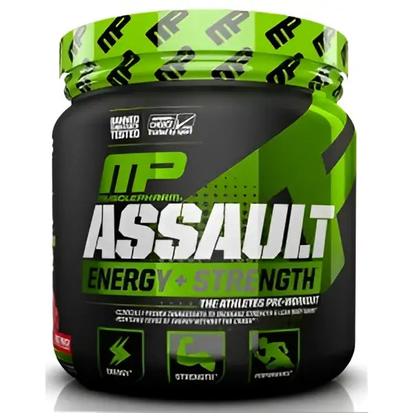 Envase verde y negro de muscle pharm assault pre entreno en polvo para energía y fuerza en entrenamiento