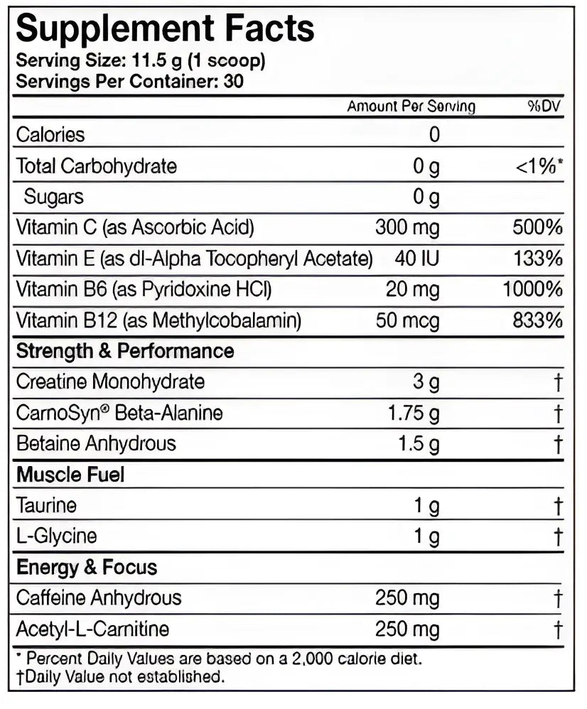 Etiqueta de ingredientes en blanco y negro del lado posterior de muscle pharm assault pre entreno con dosis altas de vitaminas y aminoácidos