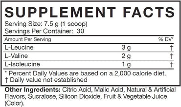 Etiqueta en blanco y negro del reverso de musclepharm bcaa aminoácidos con facts de aminoácidos esenciales por porción