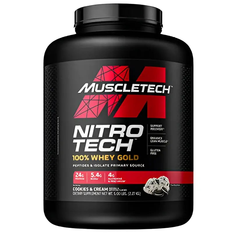 MuscleTech Nitro Tech 100% whey gold protein en polvo sabor cookies & cream en envase negro con diseño rojo y blanco