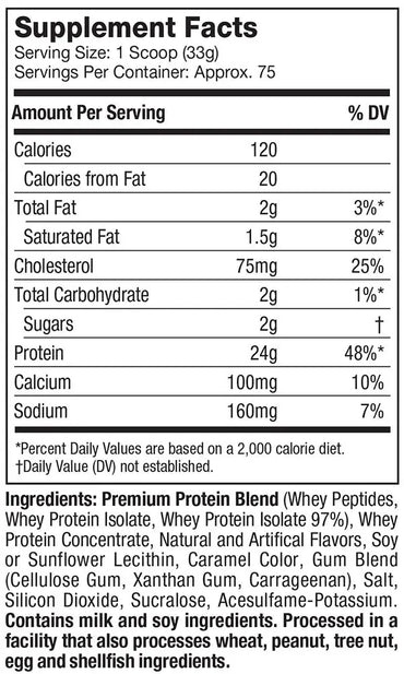 Etiqueta blanca y negra de datos nutricionales en el reverso de muscletech nitro tech whey gold con contenido detallado por porción