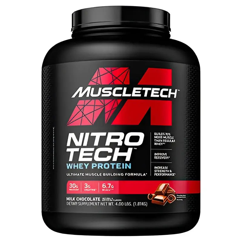 Contenedor negro de MuscleTech NitroTech proteína whey sabor chocolate leche para desarrollo muscular