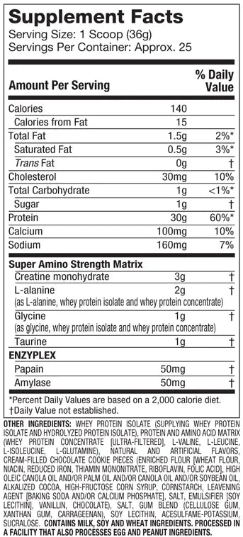 Etiqueta trasera del suplemento muscletech nitrotech sabor chocolate con información nutricional y lista de ingredientes