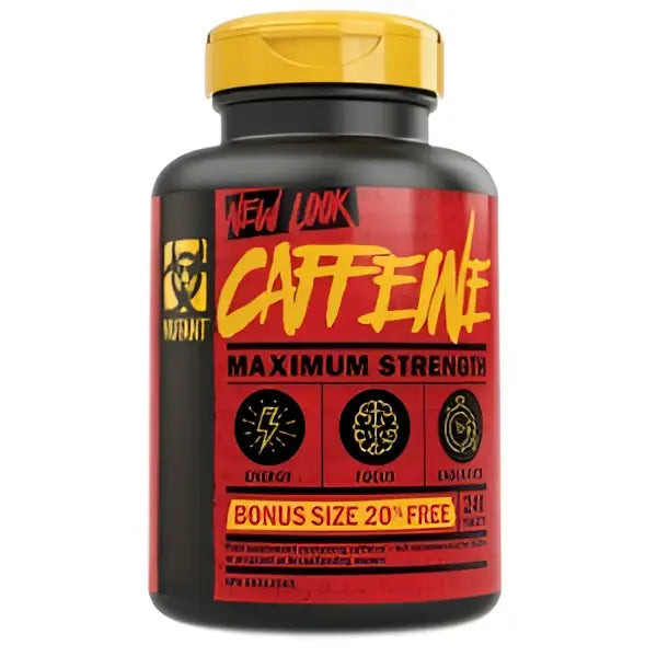Botella negra y roja con tapa amarilla de suplemento de caféina anhidra mutant caffeine máxima potencia
