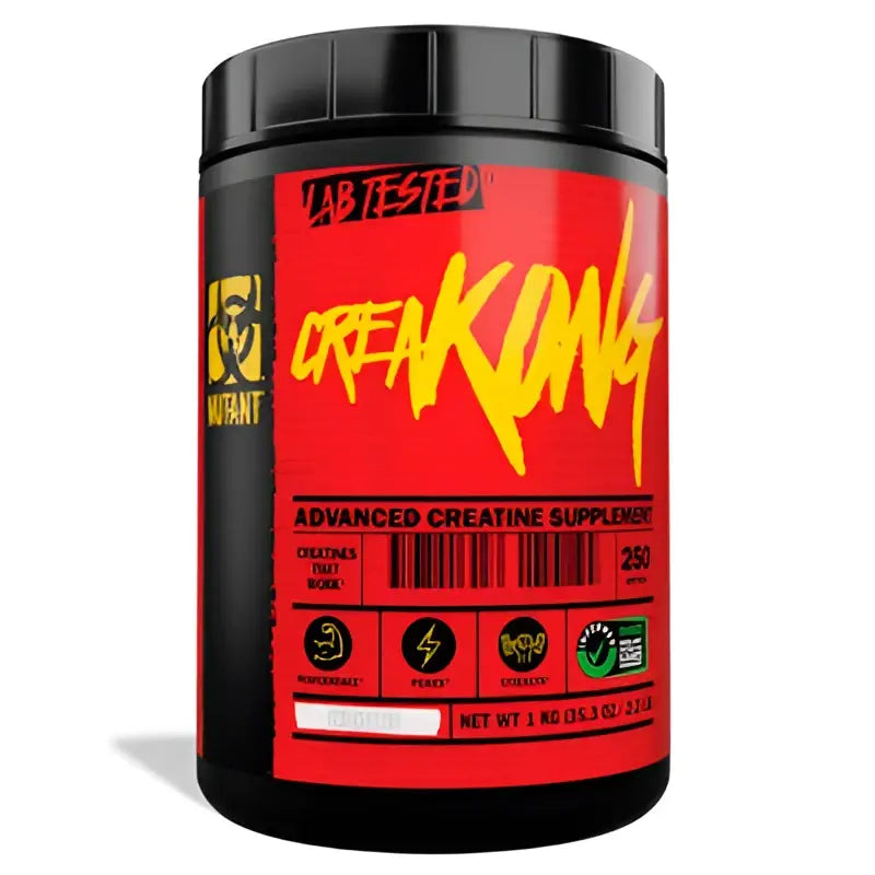 Envase cilíndrico rojo y negro del suplemento avanzado mutant creakong creatina con letras amarillas destacadas