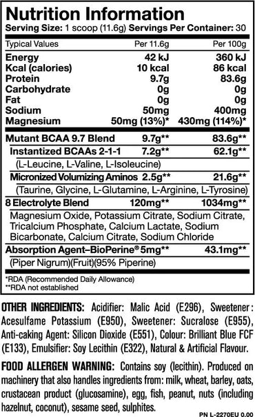 Etiqueta trasera en blanco y negro con tabla nutricional del suplemento mutant hardcore bcaa detallando aminoácidos y electrolitos