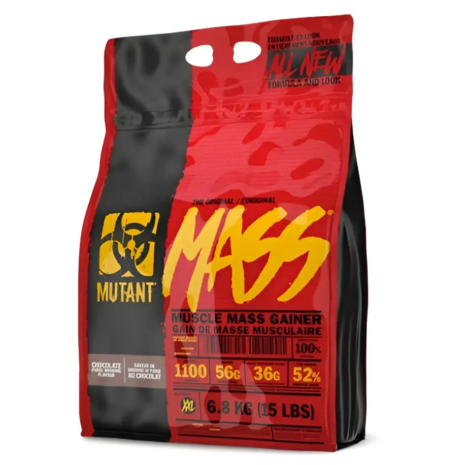 Bolsa roja y negra de mutant mass ganador de masa muscular con letras amarillas en negrita para gainer