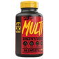 Botella negra con tapa amarilla y etiqueta roja con texto amarillo bold multi para mutant multi vitaminas y nutrientes esenciales para salud general