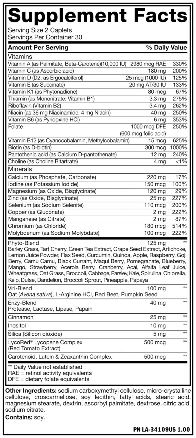 Etiqueta blanca de información nutricional al reverso del suplemento mutant multi con nutrientes esenciales para salud general