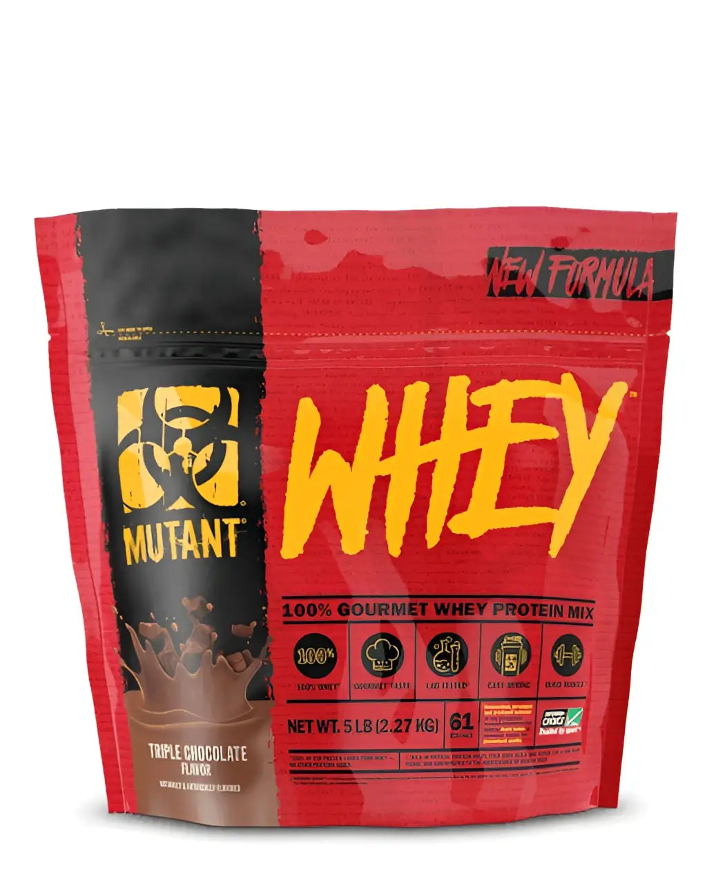 Mutant whey triple chocolate suero de leche en empaque rojo y negro para desarrollo muscular de 5 libras