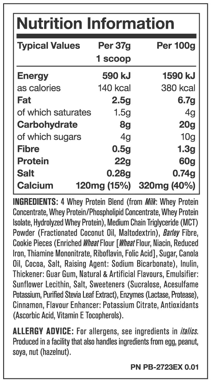 Lado trasero de mutant whey proteína de suero de leche 5 libras con texto negro detallando información nutricional para desarrollo muscular