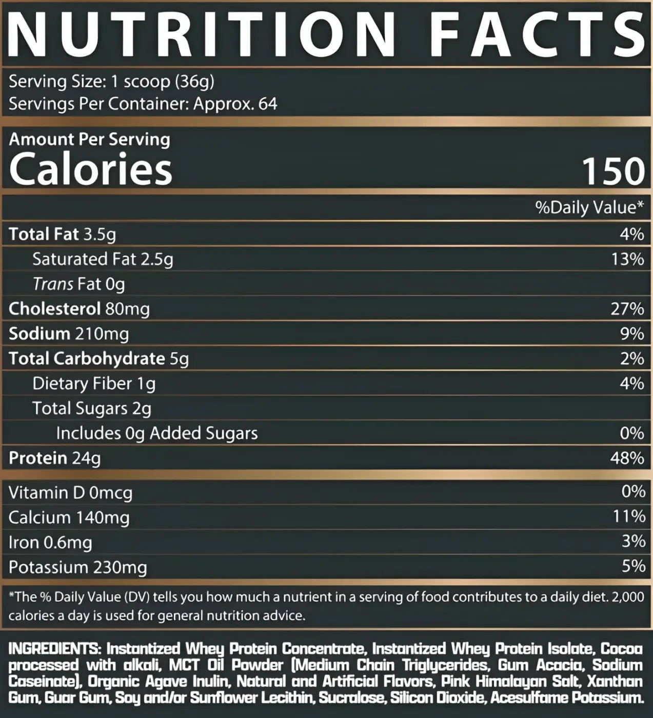 Etiqueta nutricional verde oscuro y dorada del reverso del nutrex 100 por ciento whey protein proteína de suero de leche