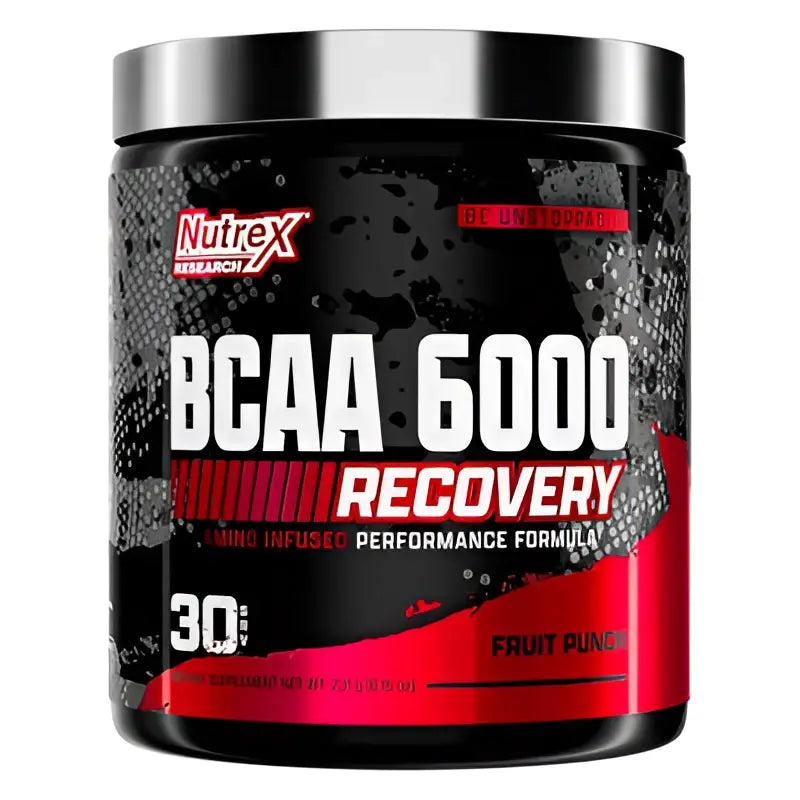 Contenedor negro y rojo de suplemento bcaa nutrex bcaa 6000 recovery con tapa plateada para aminoácidos BCAA