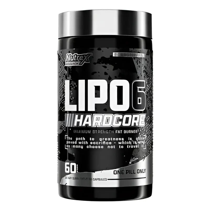 Botella negra y plateada de nutrex lipo 6 hardcore con tapa metálica y texto blanco para quemador de grasa y cafeína anhidra