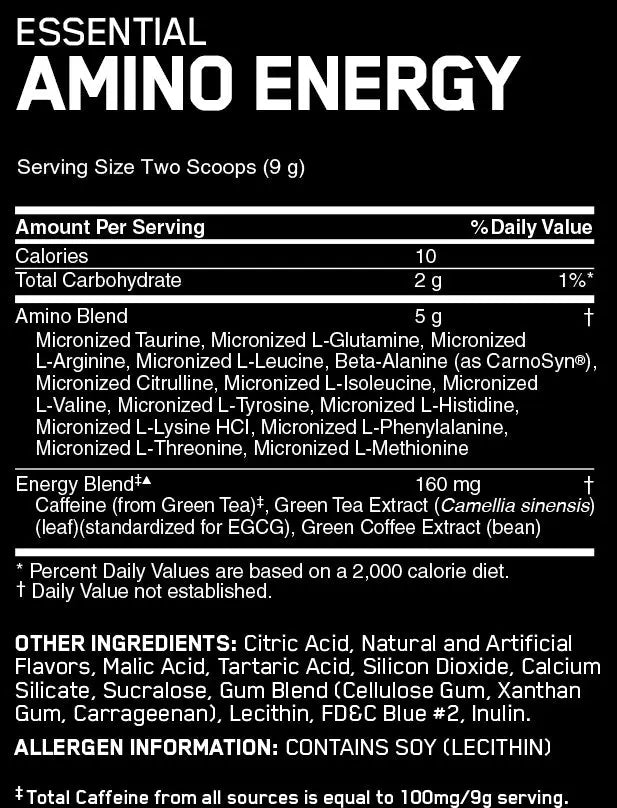 Etiqueta trasera negra del suplemento optimum nutrition essential amin.o energy con información de ingredientes y tamaño de porción