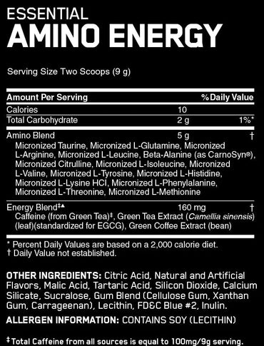 Etiqueta trasera negra del suplemento optimum nutrition essential amin.o energy con información de ingredientes y tamaño de porción