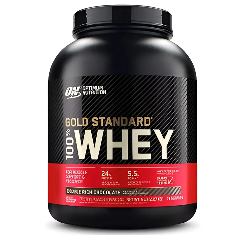 Envase negro de plastico de optimum nutrition gold standard 100 por ciento whey proteína de suero de leche sabor double rich chocolate