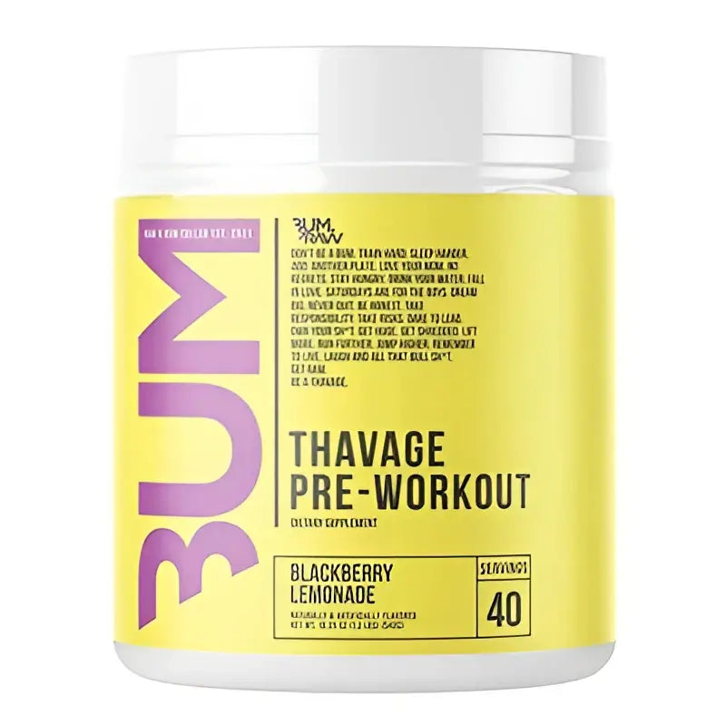 Envase cilíndrico amarillo brillante con tapa blanca de raw cbum thavage pre workout para uso como pre entreno