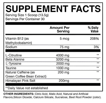 Etiqueta en blanco y negro del lado posterior del raw essential pre workout detallando ingredientes como l-citrulina y cafeína natural