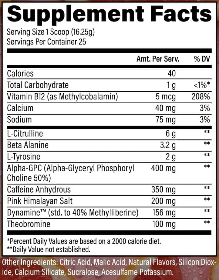 Etiqueta de suplemento en polvo en la parte trasera de raw nutrition essential charged pre entreno con l-citrulina y cafeína