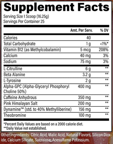 Etiqueta de suplemento en polvo en la parte trasera de raw nutrition essential charged pre entreno con l-citrulina y cafeína