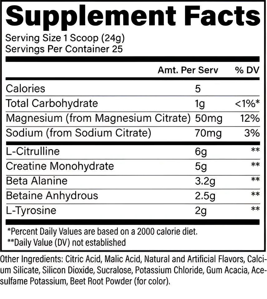 Etiqueta de suplemento en la parte trasera de raw nutrition essential performance pre entreno con l-citrulina y creatina monohidrato
