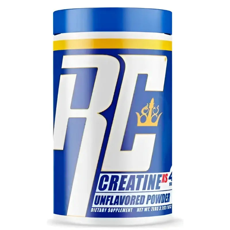 Envase cilíndrico azul y blanco de ronnie coleman creatine xs 1 kg sin sabor con logo corona dorada para suplementación