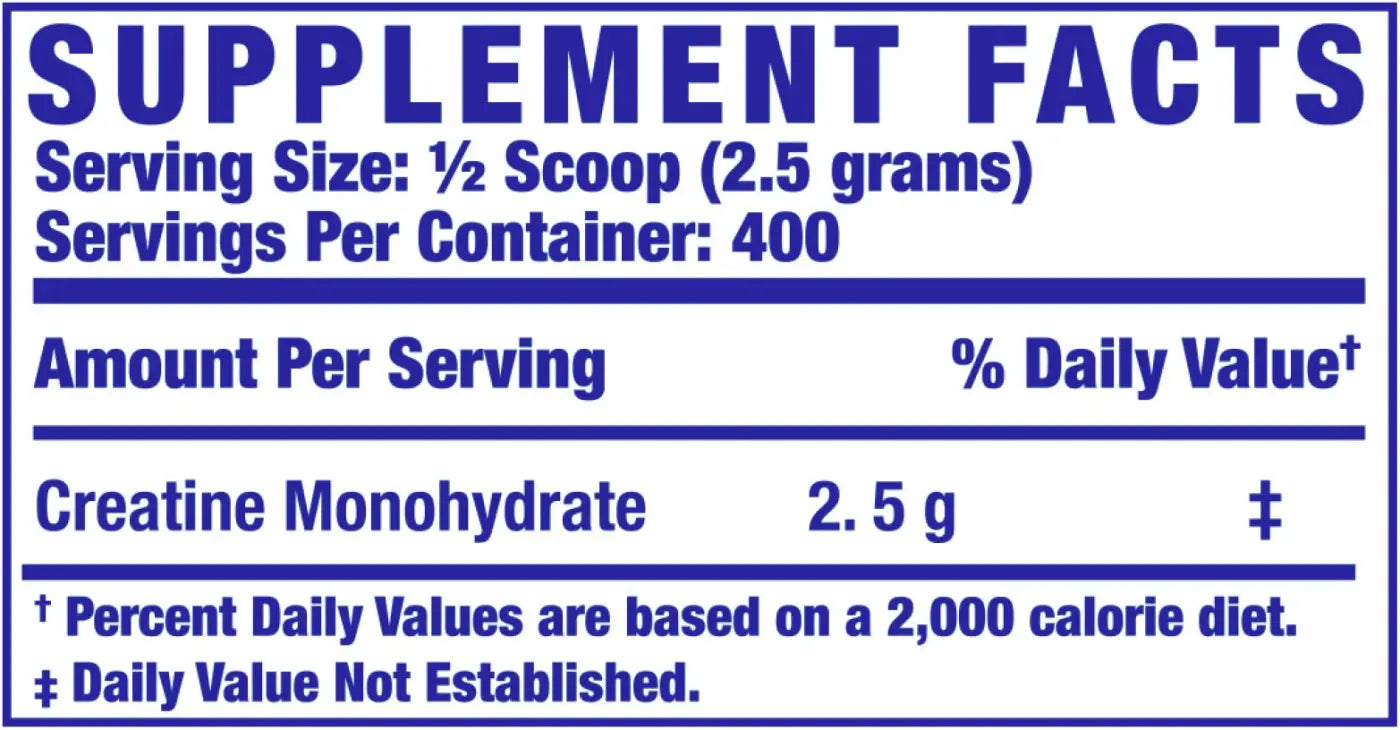 Etiqueta azul y blanca de información nutricional en el reverso de ronnie coleman creatine xs creatina de 1 kg 400 servicios