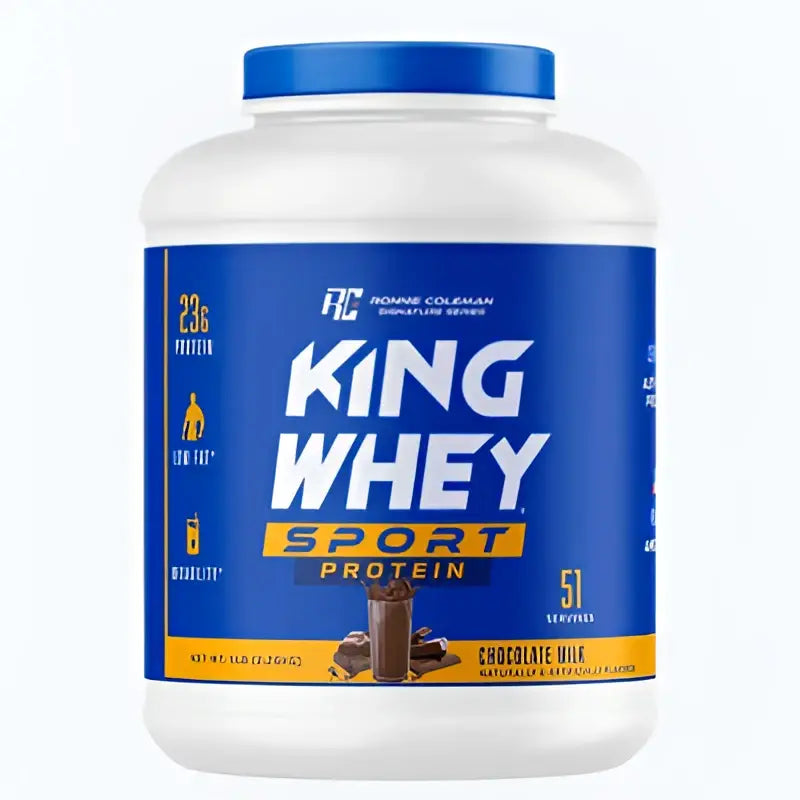 Envase azul y blanco de ronnie coleman king whey proteína de suero de leche sabor chocolate milk