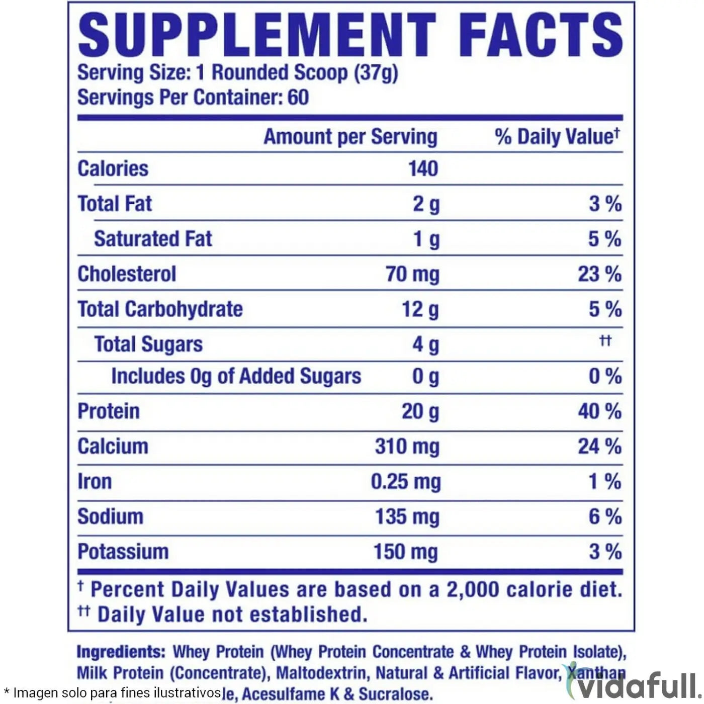 Etiqueta de información nutricional azul de ronnie coleman whey xs proteína de suero de leche en la parte trasera