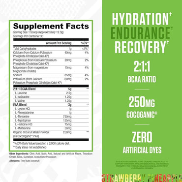 Etiqueta verde y blanca de ryse bcaa eaa en polvo para hidratación, resistencia y recuperación con bcaa 2:1:1 y 250 mg cocoganic
