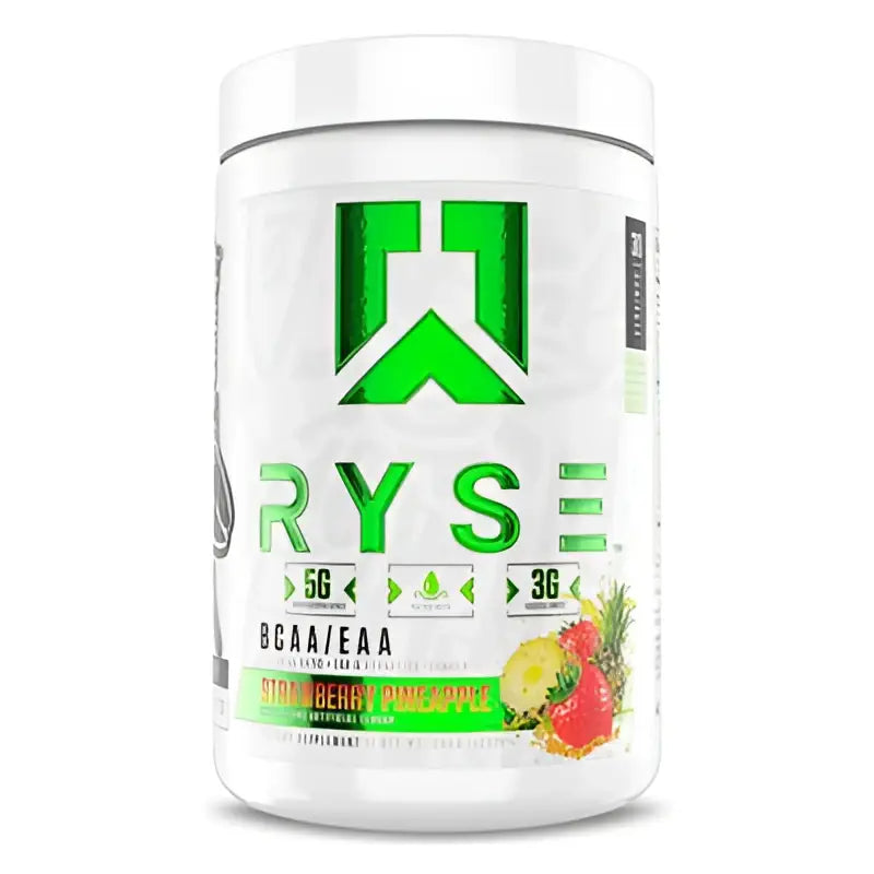 Envase blanco cilíndrico con logo verde ryse bcaa eaa sabor strawberry pineapple para aminoácidos 30 porciones