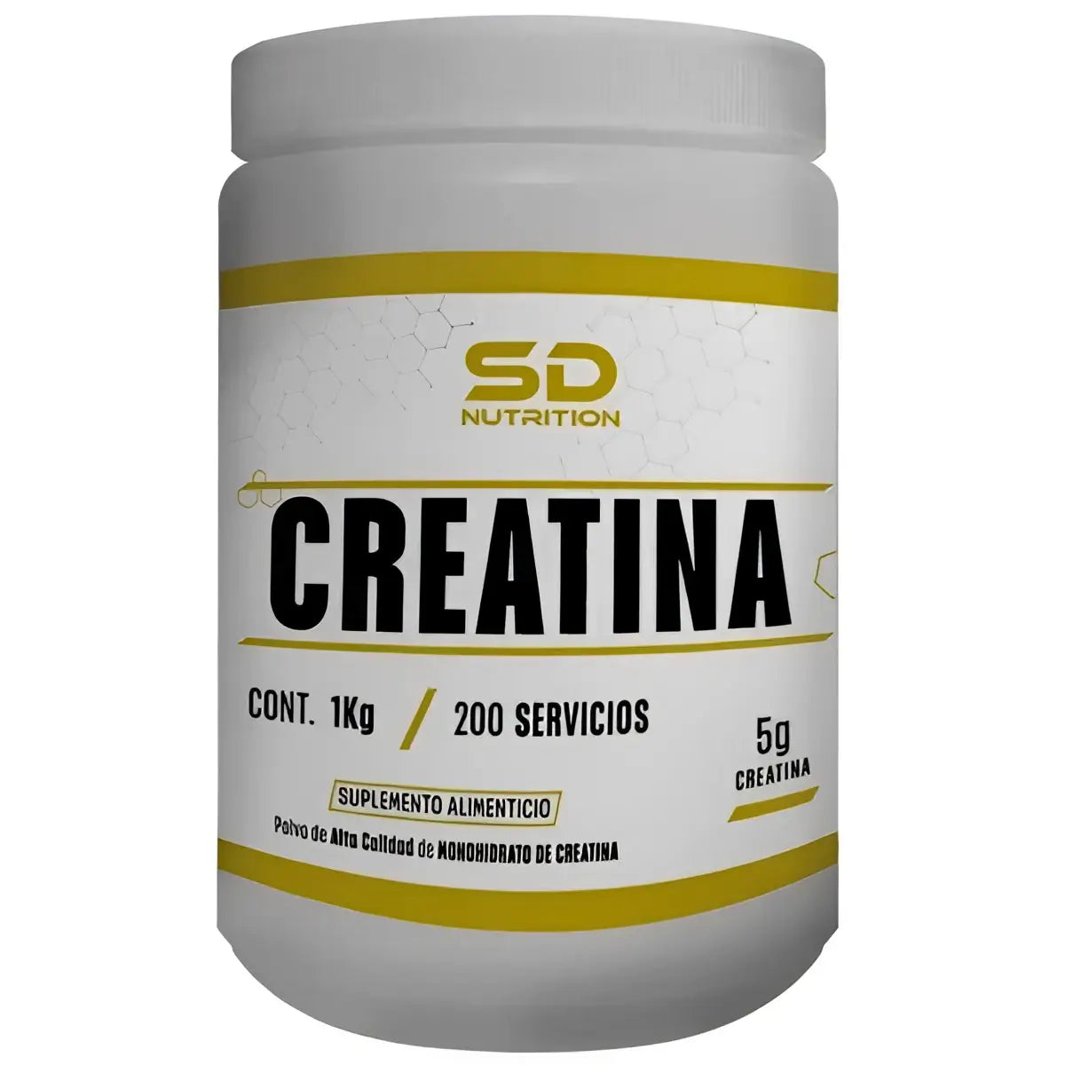 Envase blanco de plástico con tapa blanca y detalles amarillos de creatina monohidratada sd nutrition 1 kg