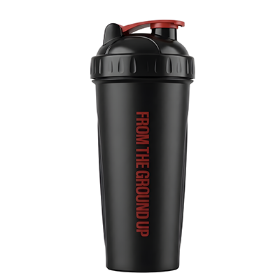 Shaker RAW Nutrition 700 ml negro – vista lateral con texto From The Ground Up