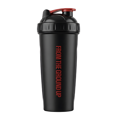 Shaker RAW Nutrition 700 ml negro – vista lateral con texto From The Ground Up