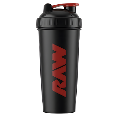 Shaker RAW Nutrition 700 ml negro con logo rojo – vista frontal